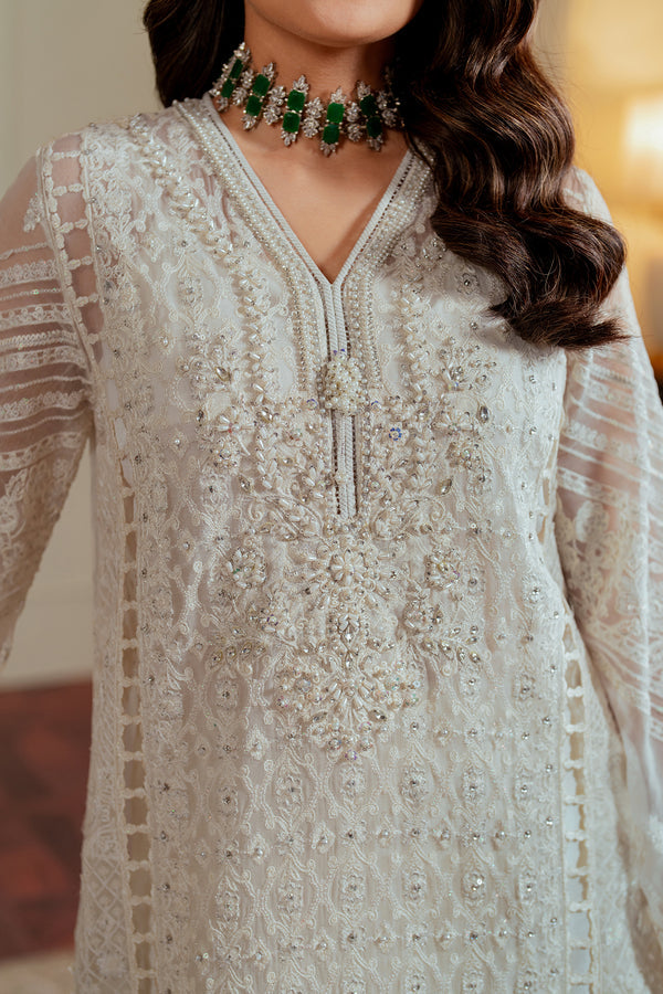 Baroque CHIFFON CH13-02 White Long Shirt with Pant,Short Shirt with Sharara for Formal Events - Pakistani Designer Wear for Women in UK | Kifat