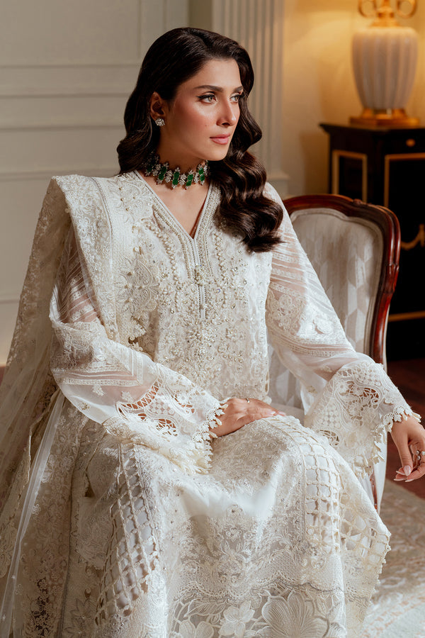Baroque CHIFFON CH13-02 White Long Shirt with Pant,Short Shirt with Sharara for Formal Events - Pakistani Designer Wear for Women in UK | Kifat