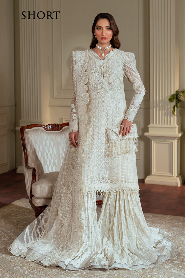 Baroque CHIFFON CH13-02 White Long Shirt with Pant,Short Shirt with Sharara for Formal Events - Pakistani Designer Wear for Women in UK | Kifat