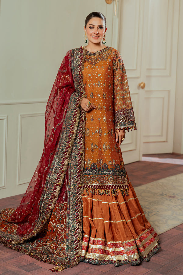 Baroque NET CH13-01 Burnt Orange Long Shirt with Churi Payjama,Long Shirt with Gharara for Wedding Wear - Pakistani Designer Wear for Women in UK | Kifat