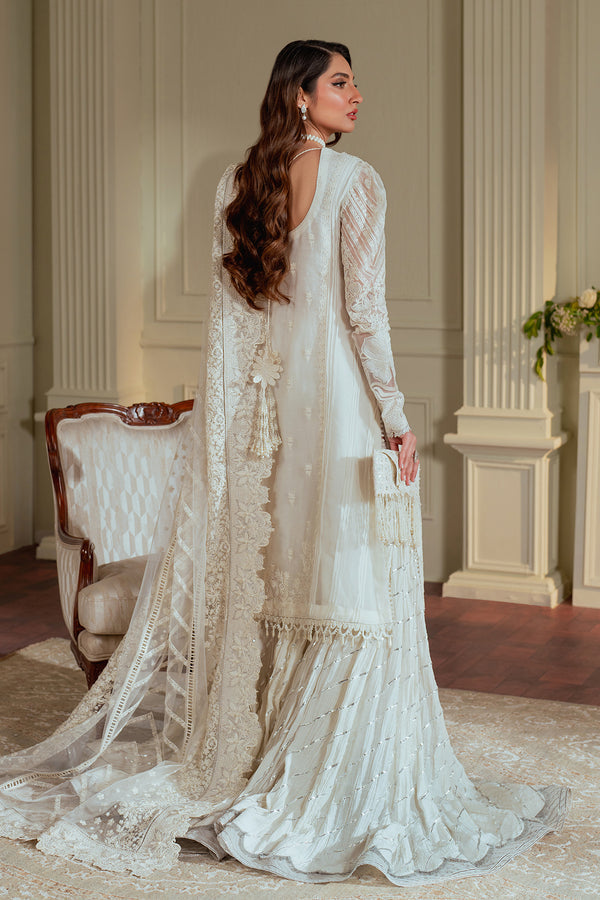 Baroque CHIFFON CH13-02 White Long Shirt with Pant,Short Shirt with Sharara for Formal Events - Pakistani Designer Wear for Women in UK | Kifat