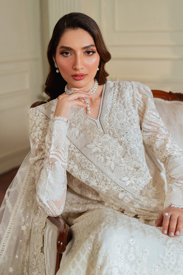 Baroque CHIFFON CH13-02 White Long Shirt with Pant,Short Shirt with Sharara for Formal Events - Pakistani Designer Wear for Women in UK | Kifat