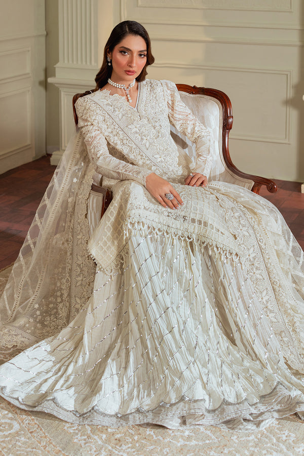 Baroque CHIFFON CH13-02 White Long Shirt with Pant,Short Shirt with Sharara for Formal Events - Pakistani Designer Wear for Women in UK | Kifat