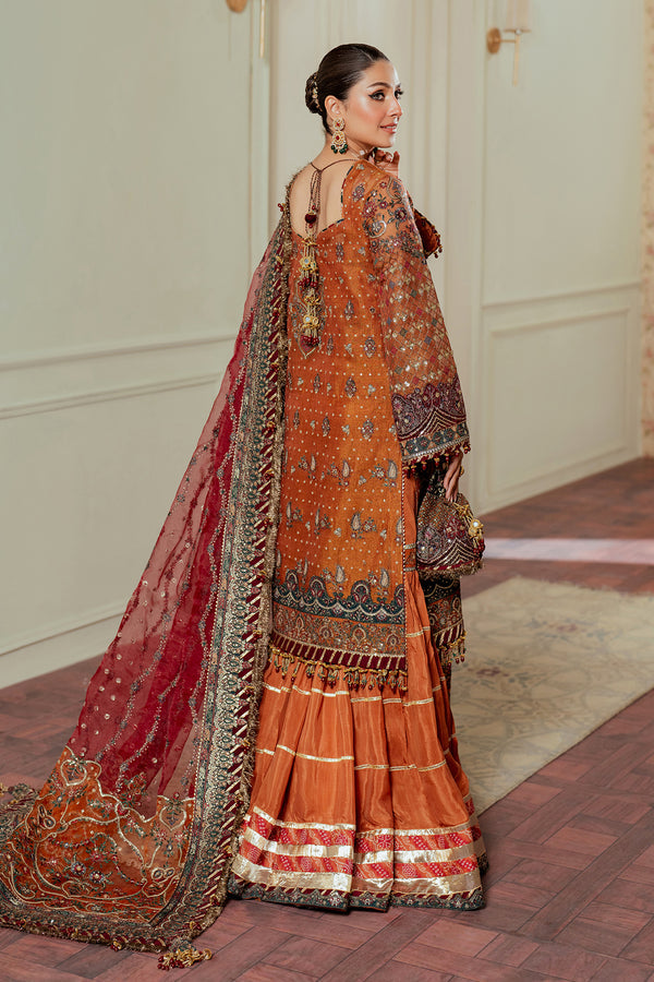 Baroque NET CH13-01 Burnt Orange Long Shirt with Churi Payjama,Long Shirt with Gharara for Wedding Wear - Pakistani Designer Wear for Women in UK | Kifat