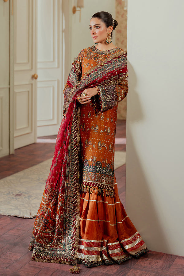 Baroque NET CH13-01 Burnt Orange Long Shirt with Churi Payjama,Long Shirt with Gharara for Wedding Wear - Pakistani Designer Wear for Women in UK | Kifat