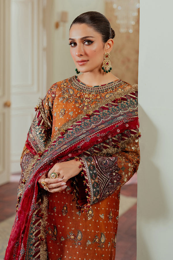 Baroque NET CH13-01 Burnt Orange Long Shirt with Churi Payjama,Long Shirt with Gharara for Wedding Wear - Pakistani Designer Wear for Women in UK | Kifat