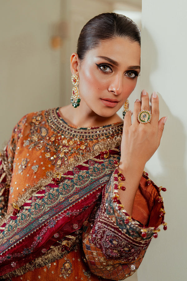 Baroque NET CH13-01 Burnt Orange Long Shirt with Churi Payjama,Long Shirt with Gharara for Wedding Wear - Pakistani Designer Wear for Women in UK | Kifat