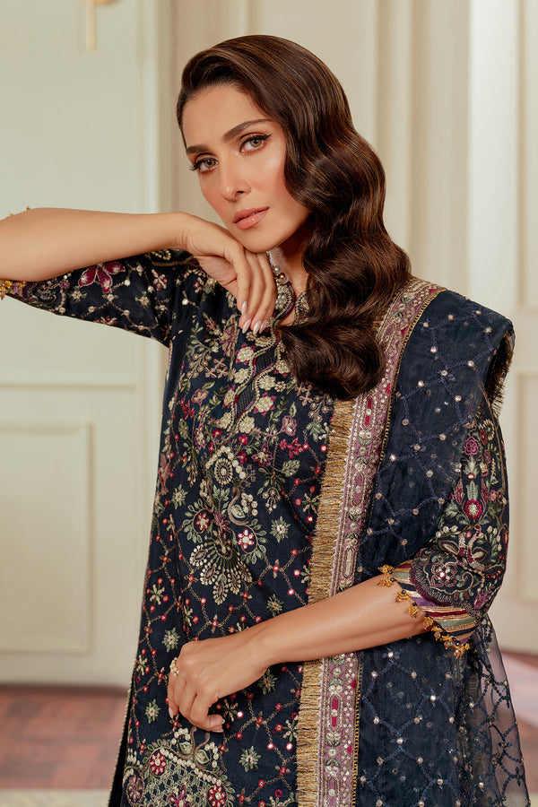 Baroque SILK CH13-07 Midnight Blue Long Shirt with Trouser,Short Shirt with Shalwar for Formal Events - Pakistani Designer Wear for Women in UK | Kifat