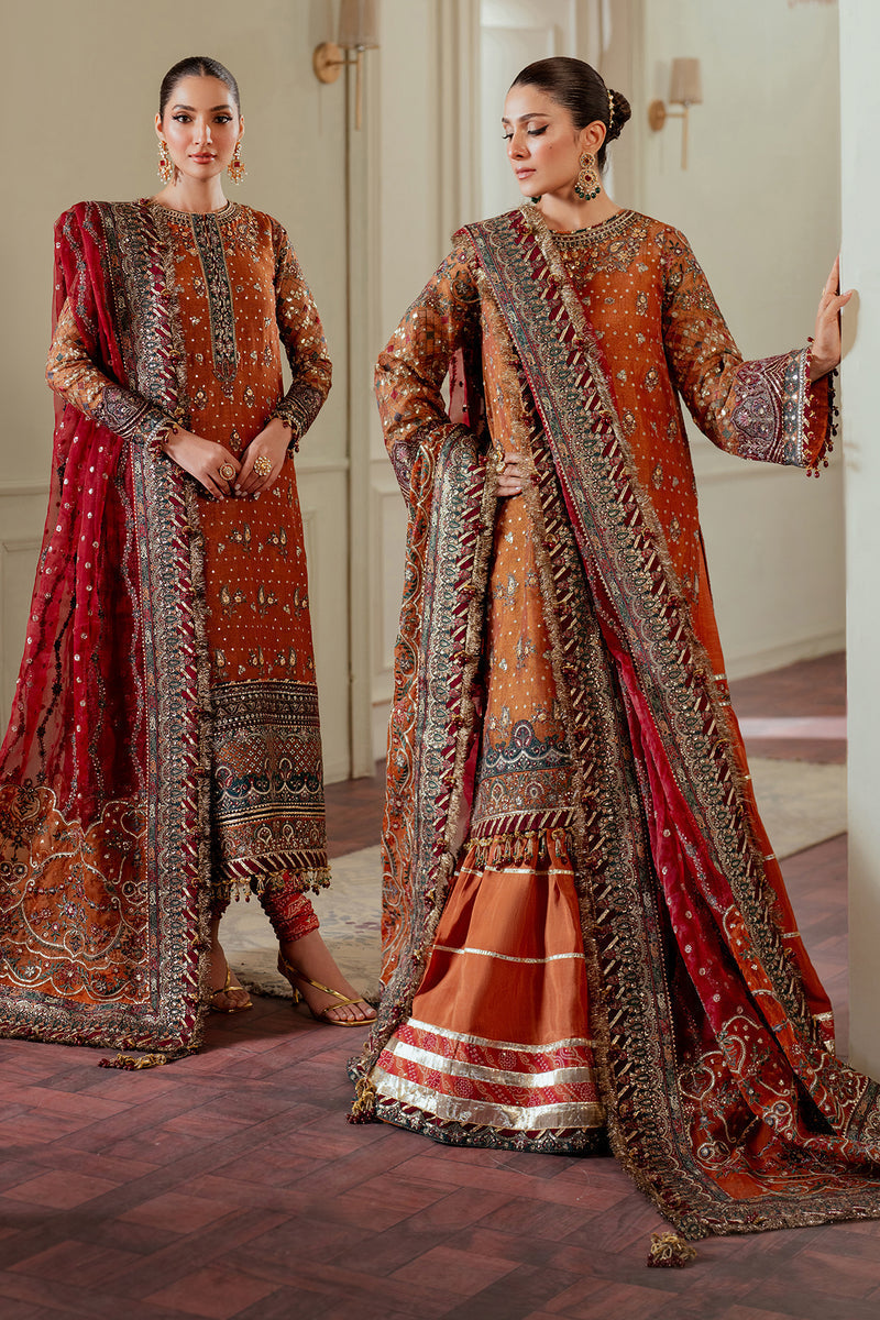 Baroque NET CH13-01 Burnt Orange Long Shirt with Churi Payjama,Long Shirt with Gharara for Wedding Wear - Pakistani Designer Wear for Women in UK | Kifat