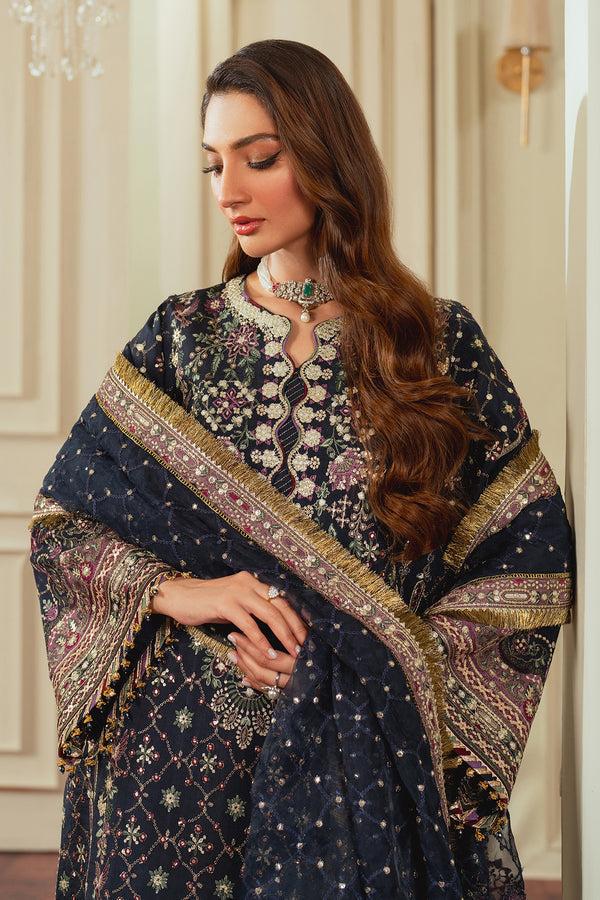 Baroque SILK CH13-07 Midnight Blue Long Shirt with Trouser,Short Shirt with Shalwar for Formal Events - Pakistani Designer Wear for Women in UK | Kifat