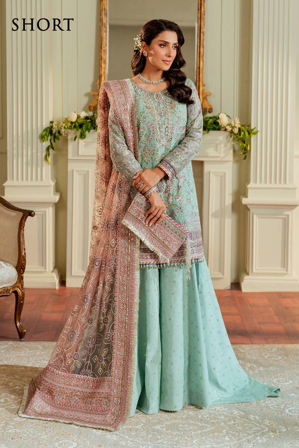 Baroque NET CH13-08 Light Ferozi Shirt with Wide Trouser,Short Shirt with Sharara for Formal Events - Pakistani Designer Wear for Women in UK | Kifat