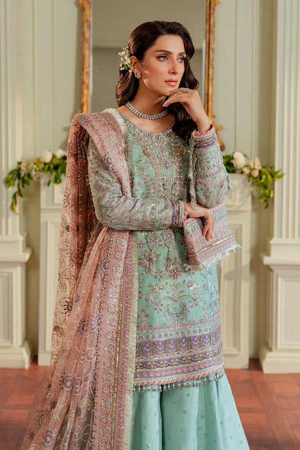 Baroque NET CH13-08 Light Ferozi Shirt with Wide Trouser,Short Shirt with Sharara for Formal Events - Pakistani Designer Wear for Women in UK | Kifat