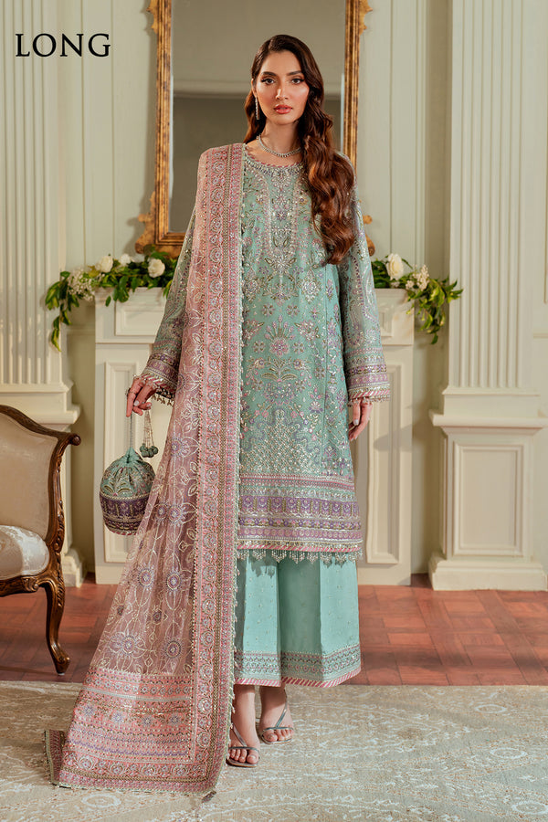 Baroque NET CH13-08 Light Ferozi Shirt with Wide Trouser,Short Shirt with Sharara for Formal Events - Pakistani Designer Wear for Women in UK | Kifat