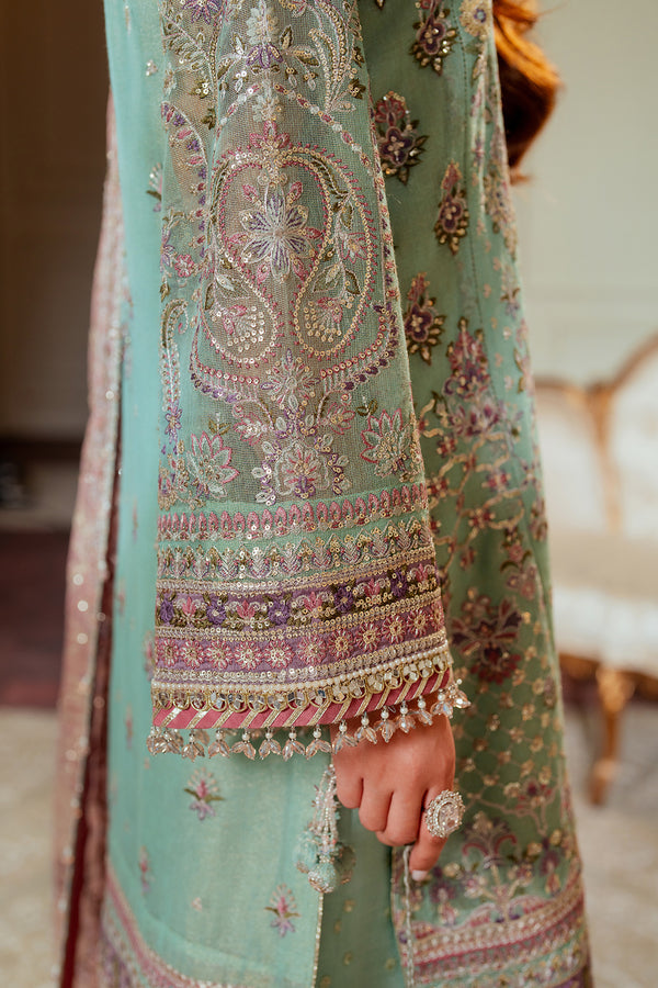 Baroque NET CH13-08 Light Ferozi Shirt with Wide Trouser,Short Shirt with Sharara for Formal Events - Pakistani Designer Wear for Women in UK | Kifat
