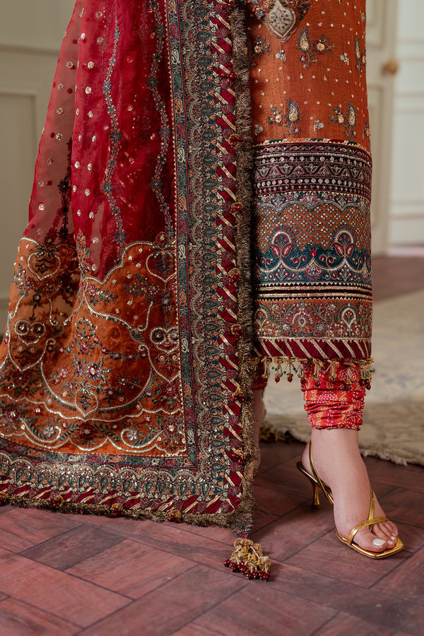 Baroque NET CH13-01 Burnt Orange Long Shirt with Churi Payjama,Long Shirt with Gharara for Wedding Wear - Pakistani Designer Wear for Women in UK | Kifat