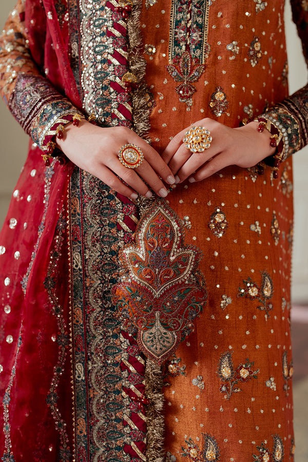 Baroque NET CH13-01 Burnt Orange Long Shirt with Churi Payjama,Long Shirt with Gharara for Wedding Wear - Pakistani Designer Wear for Women in UK | Kifat