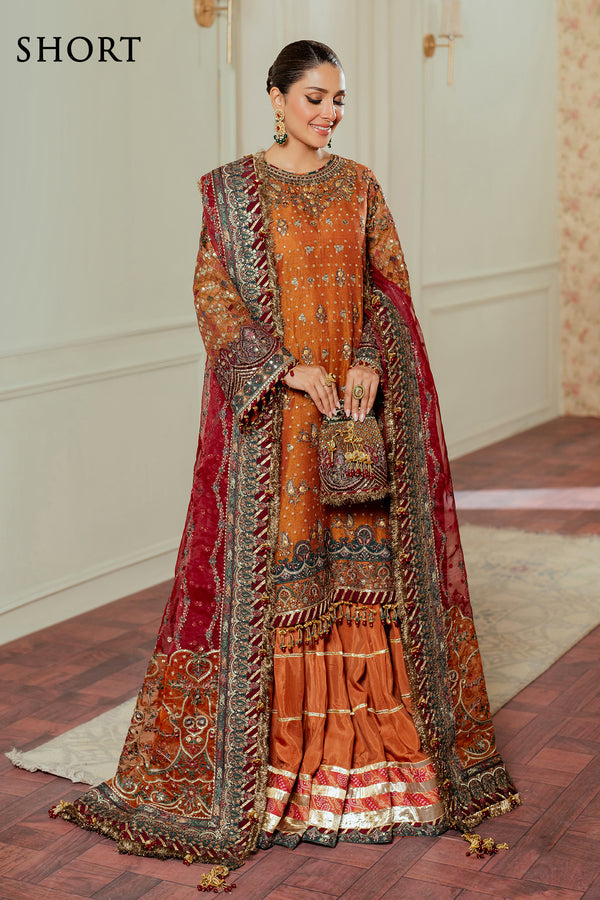 Baroque NET CH13-01 Burnt Orange Long Shirt with Churi Payjama,Long Shirt with Gharara for Wedding Wear - Pakistani Designer Wear for Women in UK | Kifat