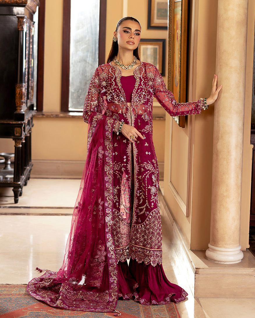 Women Wearing Bebo Deep pink Front Open Long Shirt with Gharara for Wedding Events - Pakistani Designer Wear for Women in UK | Kifat