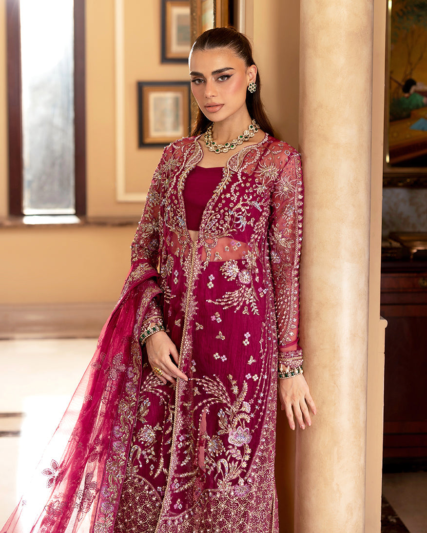 Women Wearing Bebo Deep pink Front Open Long Shirt with Gharara for Wedding Events - Pakistani Designer Wear for Women in UK | Kifat