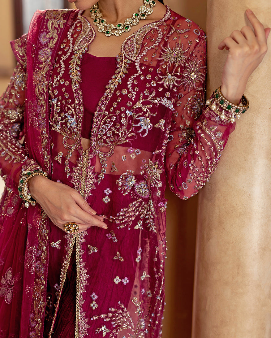 Women Wearing Bebo Deep pink Front Open Long Shirt with Gharara for Wedding Events - Pakistani Designer Wear for Women in UK | Kifat
