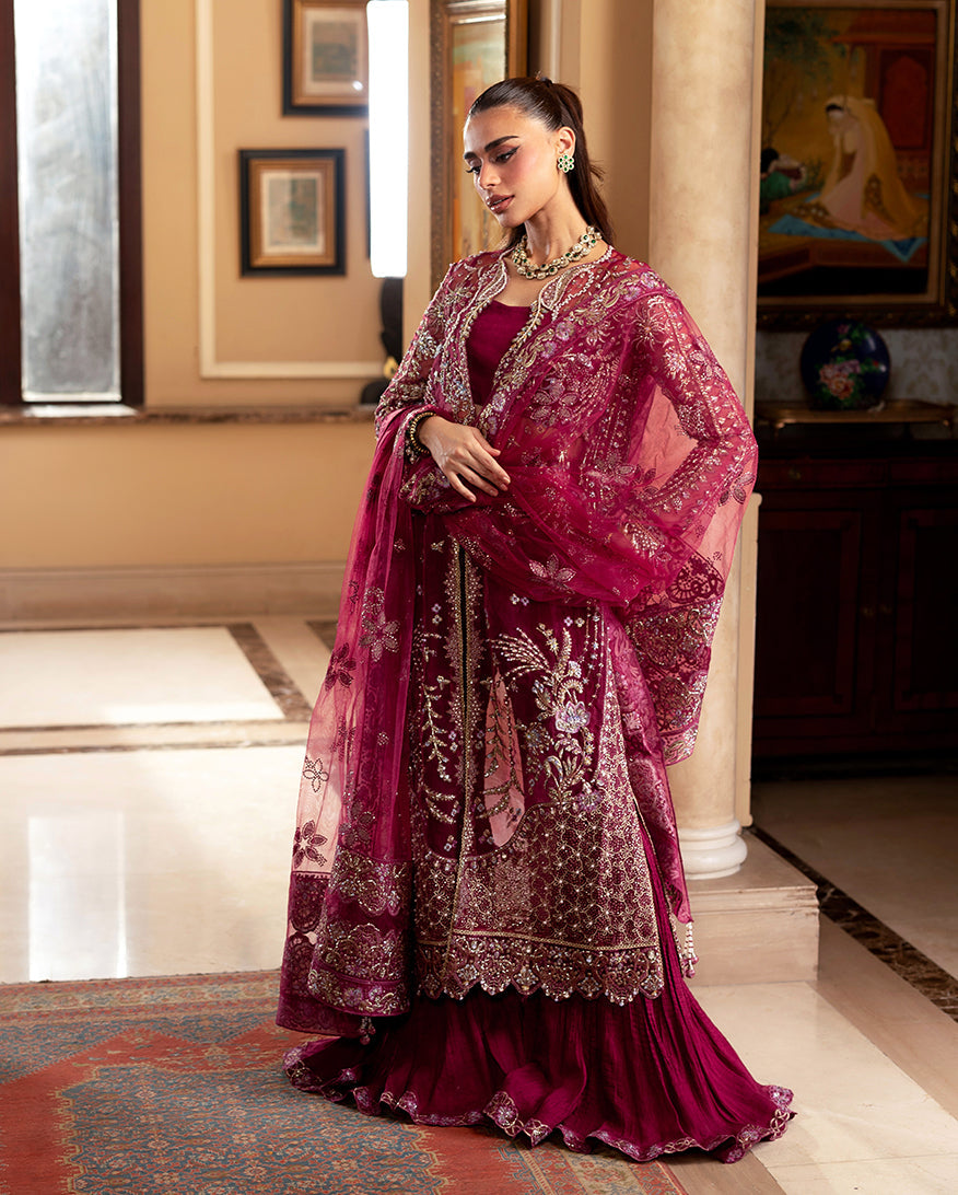Women Wearing Bebo Deep pink Front Open Long Shirt with Gharara for Wedding Events - Pakistani Designer Wear for Women in UK | Kifat