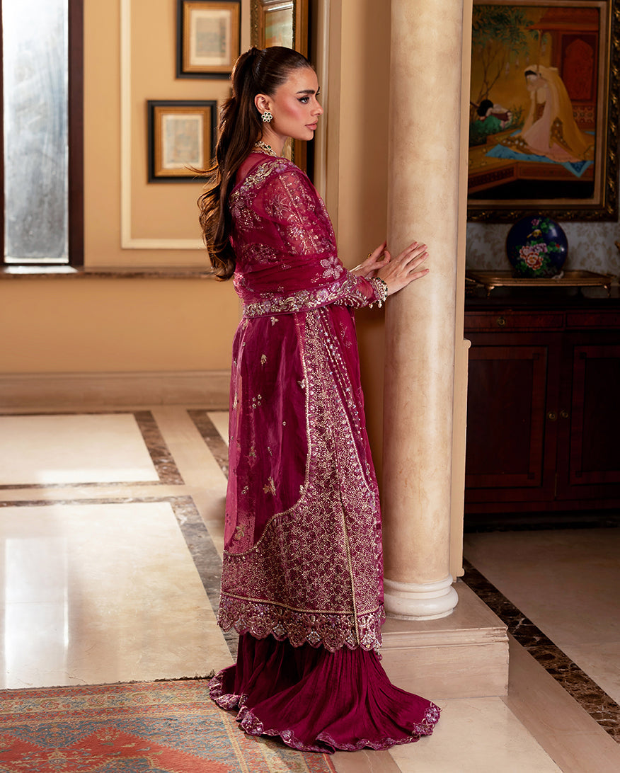 Women Wearing Bebo Deep pink Front Open Long Shirt with Gharara for Wedding Events - Pakistani Designer Wear for Women in UK | Kifat