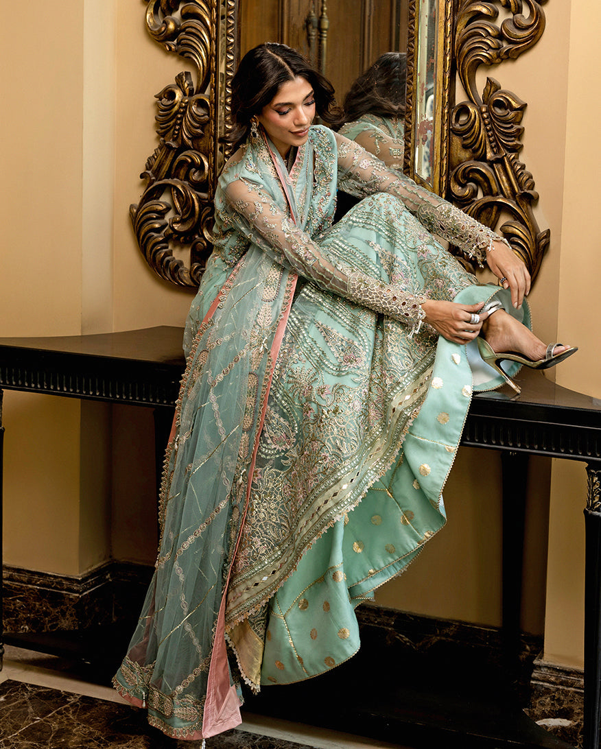 Women Wearing Bindu Mint Green Peshwas for Wedding Events - Pakistani Designer Wear for Women in UK | Kifat