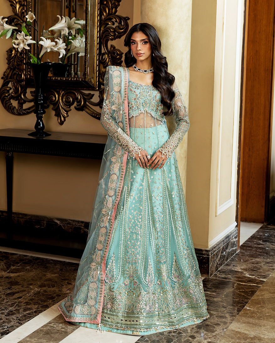 Women Wearing Bindu Mint Green Peshwas for Wedding Events - Pakistani Designer Wear for Women in UK | Kifat
