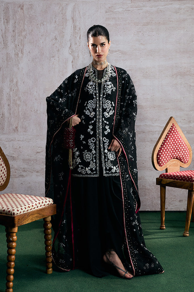 Model Wearing Suffuse by Sana Yasir ZAARISH Black short shirt with cigarette pants for Wedding Wear - Pakistani Designer wear for Women in UK | Kifat
