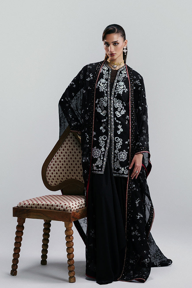 Model Wearing Suffuse by Sana Yasir ZAARISH Black short shirt with cigarette pants for Wedding Wear - Pakistani Designer wear for Women in UK | Kifat
