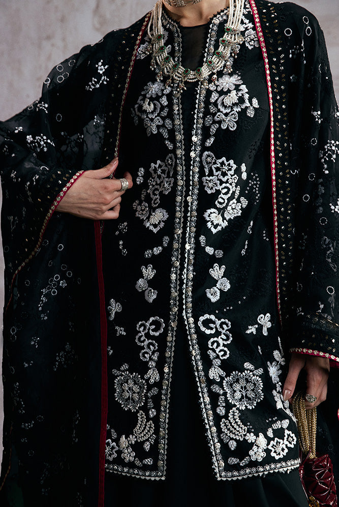 Model Wearing Suffuse by Sana Yasir ZAARISH Black short shirt with cigarette pants for Wedding Wear - Pakistani Designer wear for Women in UK | Kifat