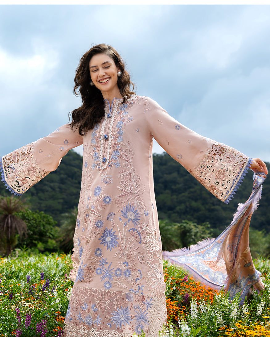 Women Wearing Bloom Sonata Peach Pink Long Shirt for Festive Events - Pakistani Designer Wear for Women in UK | Kifat