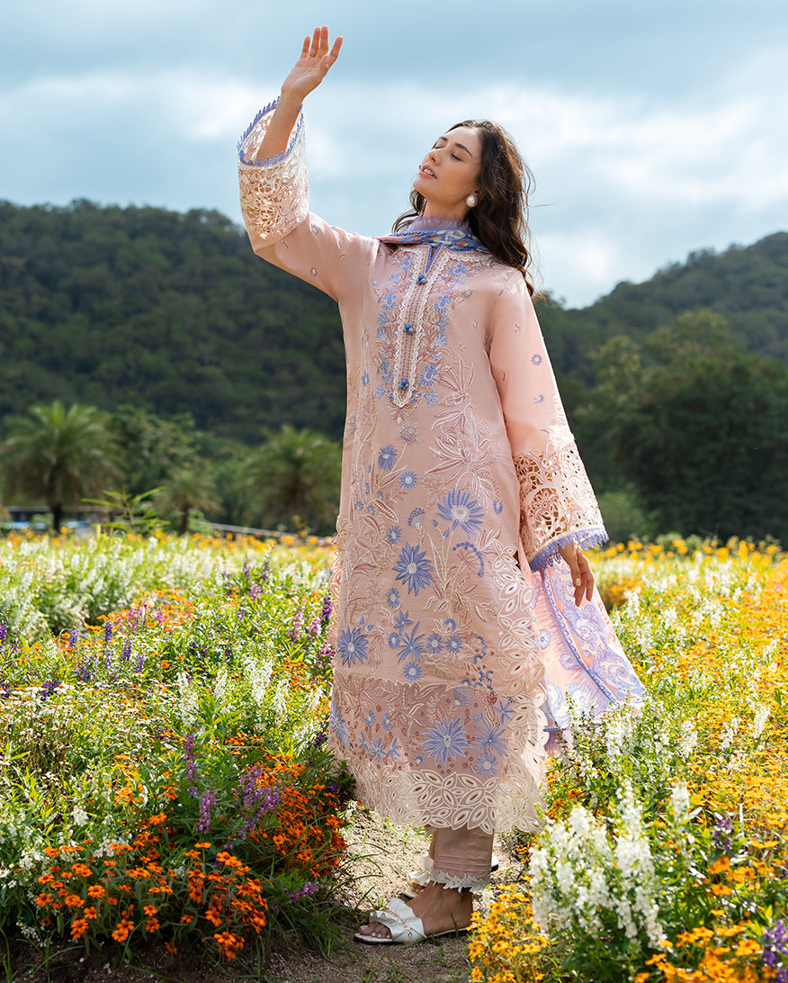 Women Wearing Bloom Sonata Peach Pink Long Shirt for Festive Events - Pakistani Designer Wear for Women in UK | Kifat