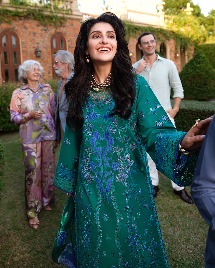 Women Wearing Blooming Romance Teal Green Long Shirt For Luxury Events - Pakistani Designer Wear For Women In UK | Kifat