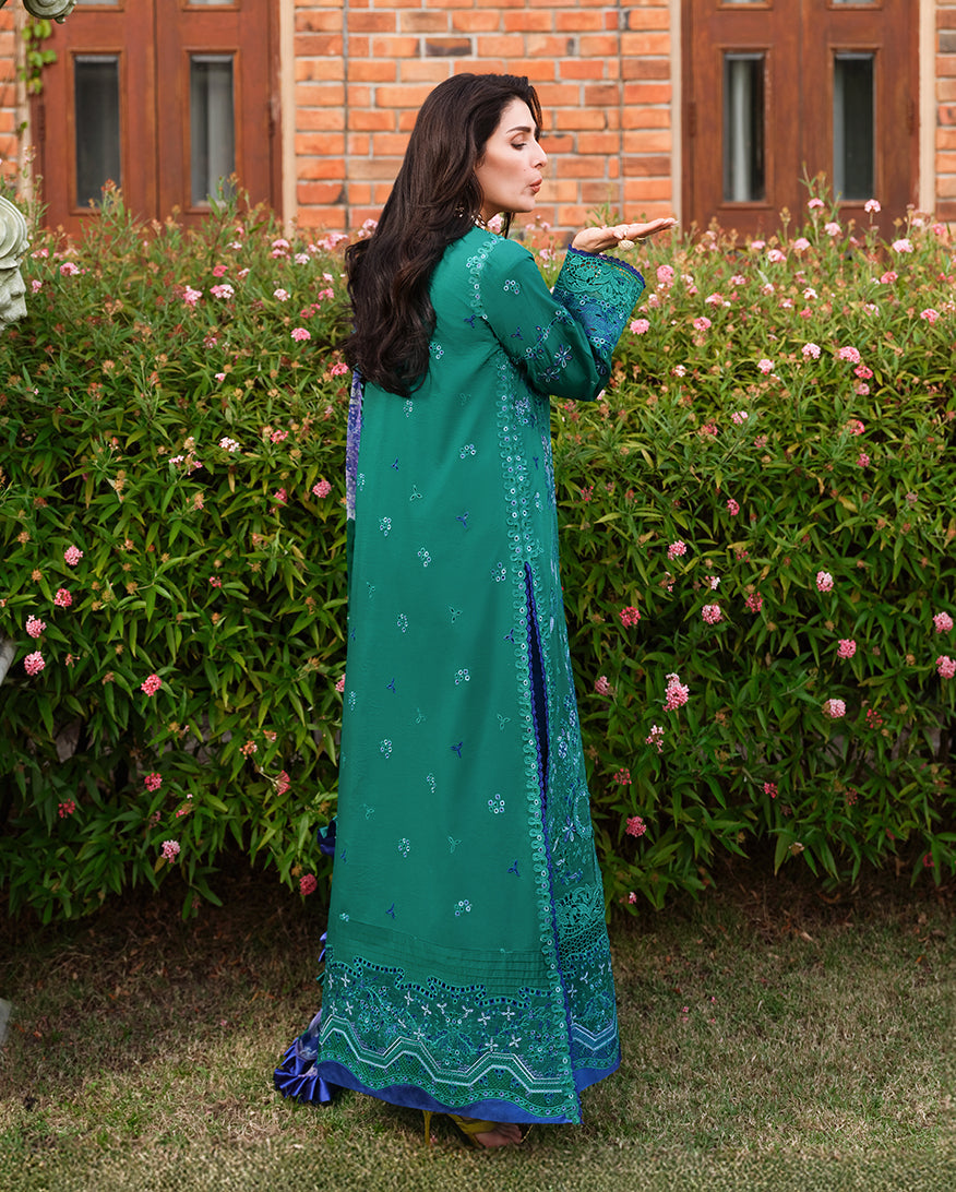 Women Wearing Blooming Romance Teal Green Long Shirt For Luxury Events - Pakistani Designer Wear For Women In UK | Kifat