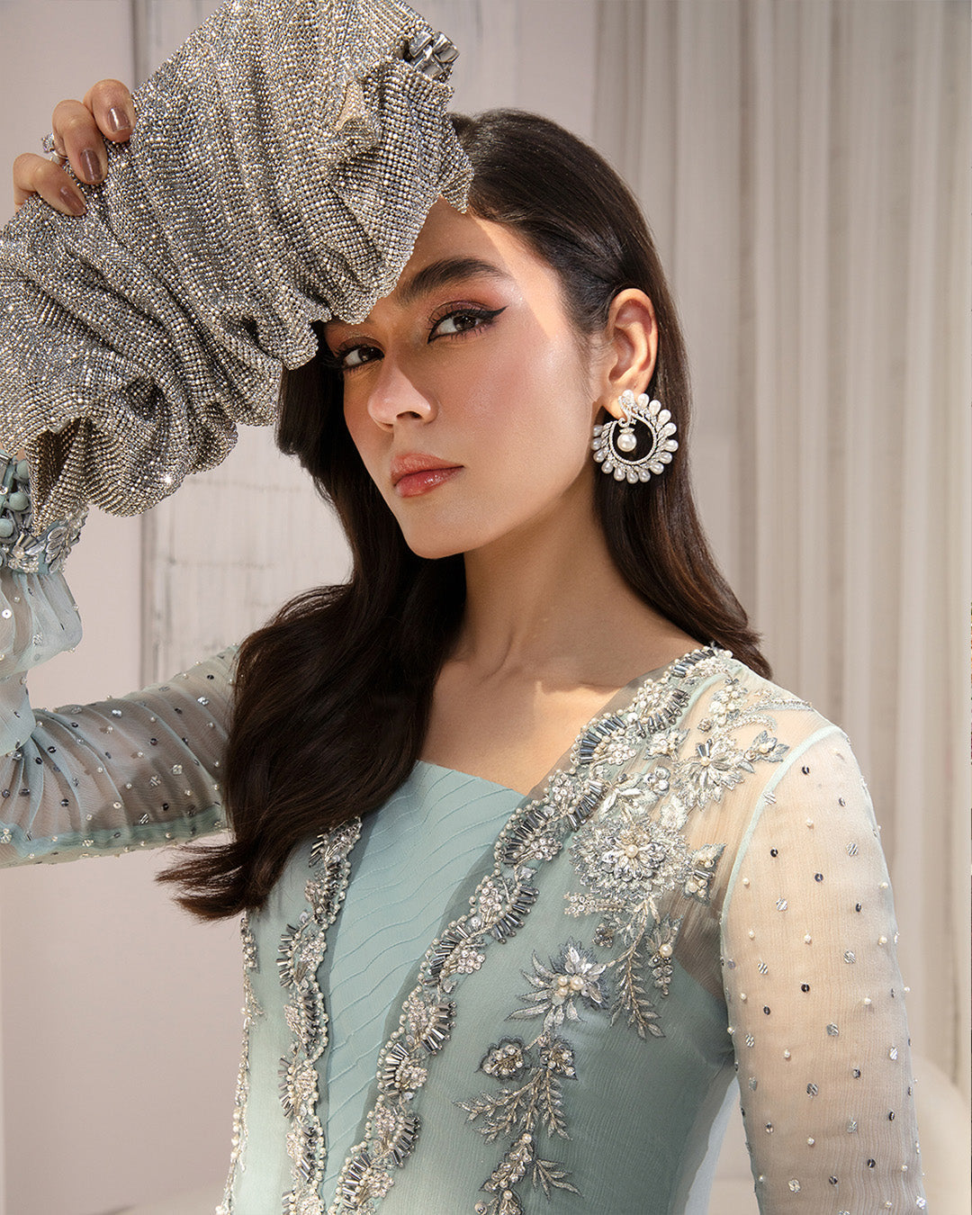 Chiffon Embroidered Ice Blue Shirt with Trouser for Formal