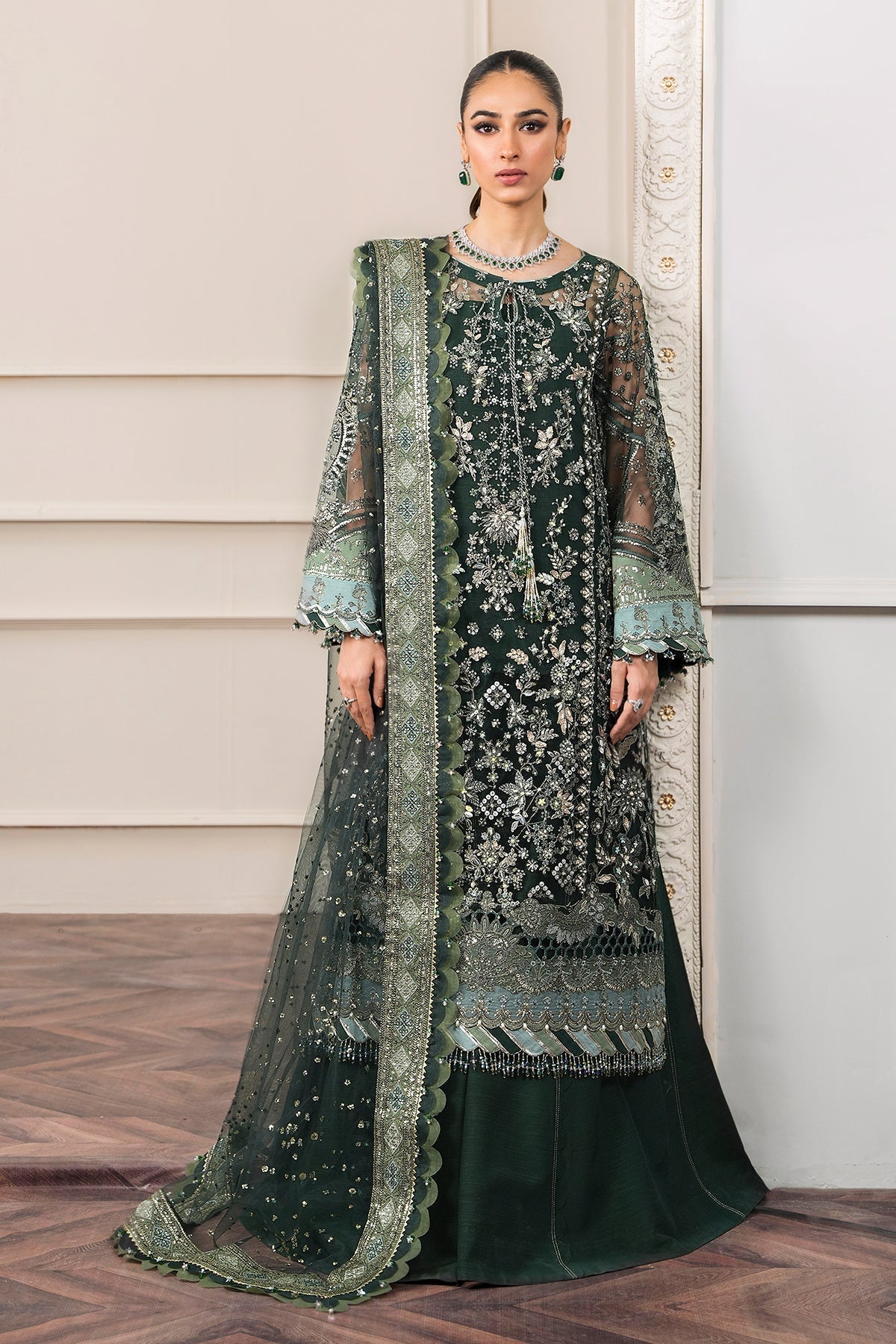 Baroque CH12-05 Green Long Shirt with Sharara,Slit Shirt with Crushed Sharara for Formal Events - Pakistani Designer Wear for Women in UK | Kifat