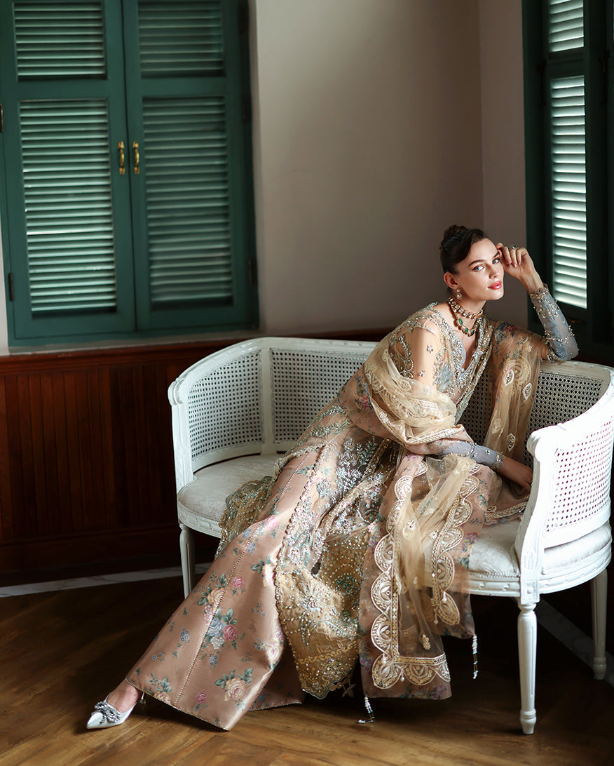 Women Wearing Calarissa Beige Long Shirt with Sharara for Wedding Events - Pakistani Designer Wear for Women in UK | Kifat