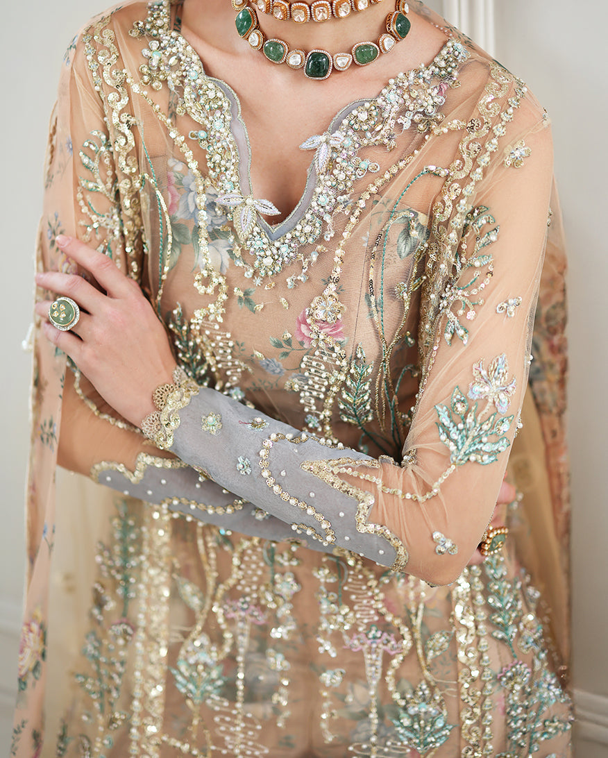 Women Wearing Calarissa Beige Long Shirt with Sharara for Wedding Events - Pakistani Designer Wear for Women in UK | Kifat