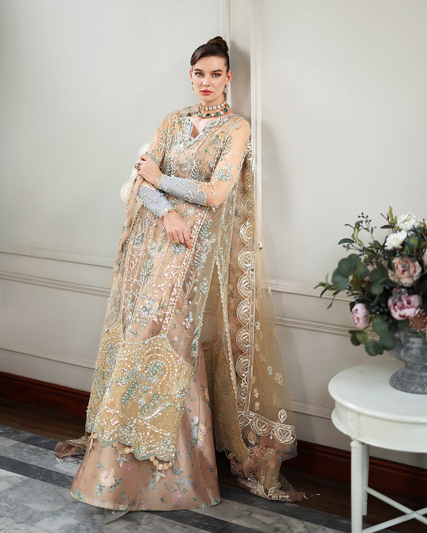Women Wearing Calarissa Beige Long Shirt with Sharara for Wedding Events - Pakistani Designer Wear for Women in UK | Kifat