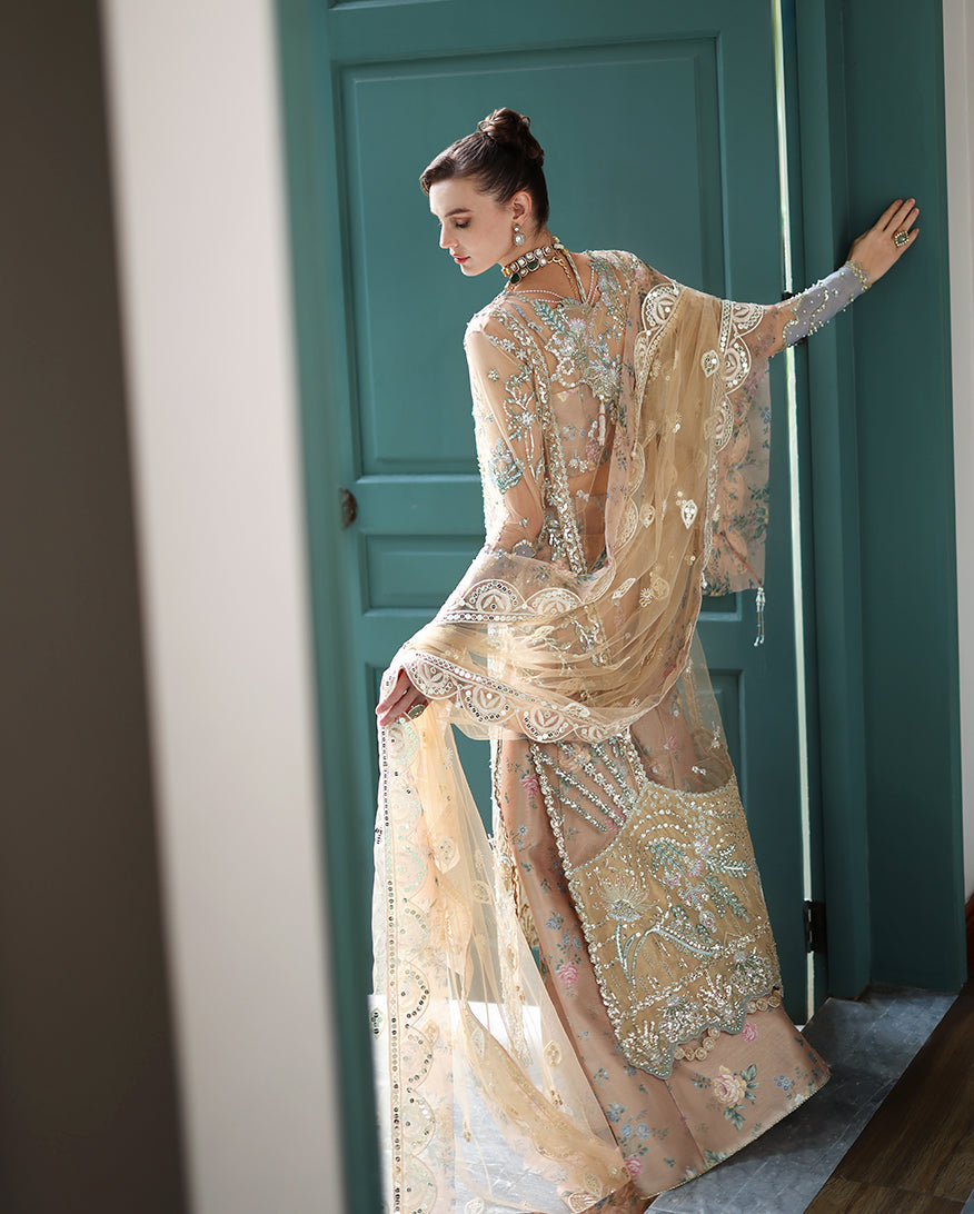 Women Wearing Calarissa Beige Long Shirt with Sharara for Wedding Events - Pakistani Designer Wear for Women in UK | Kifat