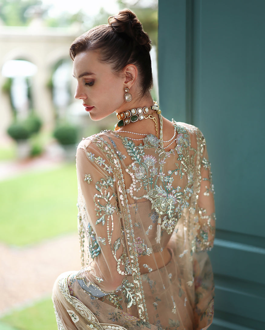 Women Wearing Calarissa Beige Long Shirt with Sharara for Wedding Events - Pakistani Designer Wear for Women in UK | Kifat