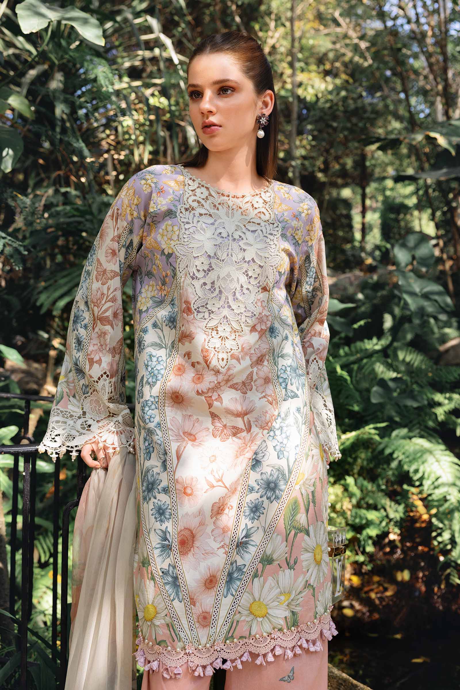 Women Wearing mpt-2910-b White and Peach short shirt with shalwar for Festive Events - Pakistani Designer Wear for Women in UK | Kifat