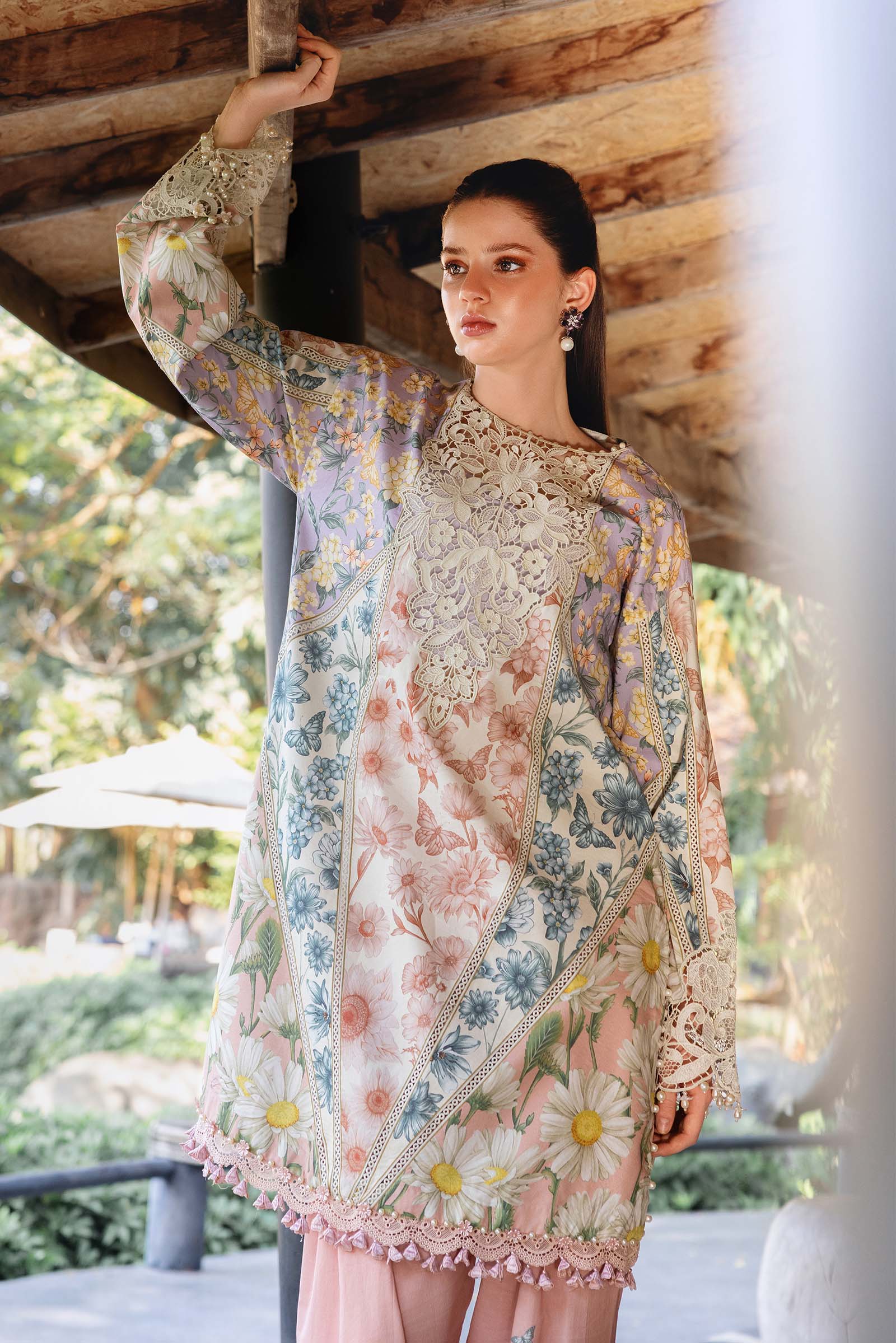 Women Wearing mpt-2910-b White and Peach short shirt with shalwar for Festive Events - Pakistani Designer Wear for Women in UK | Kifat