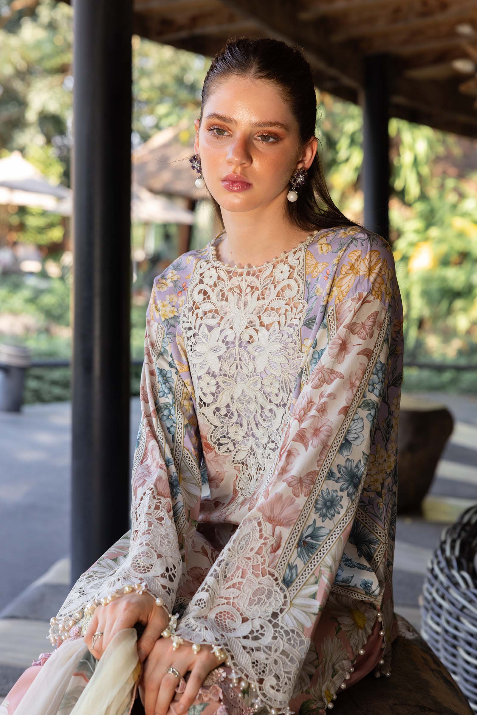 Women Wearing mpt-2910-b White and Peach short shirt with shalwar for Festive Events - Pakistani Designer Wear for Women in UK | Kifat