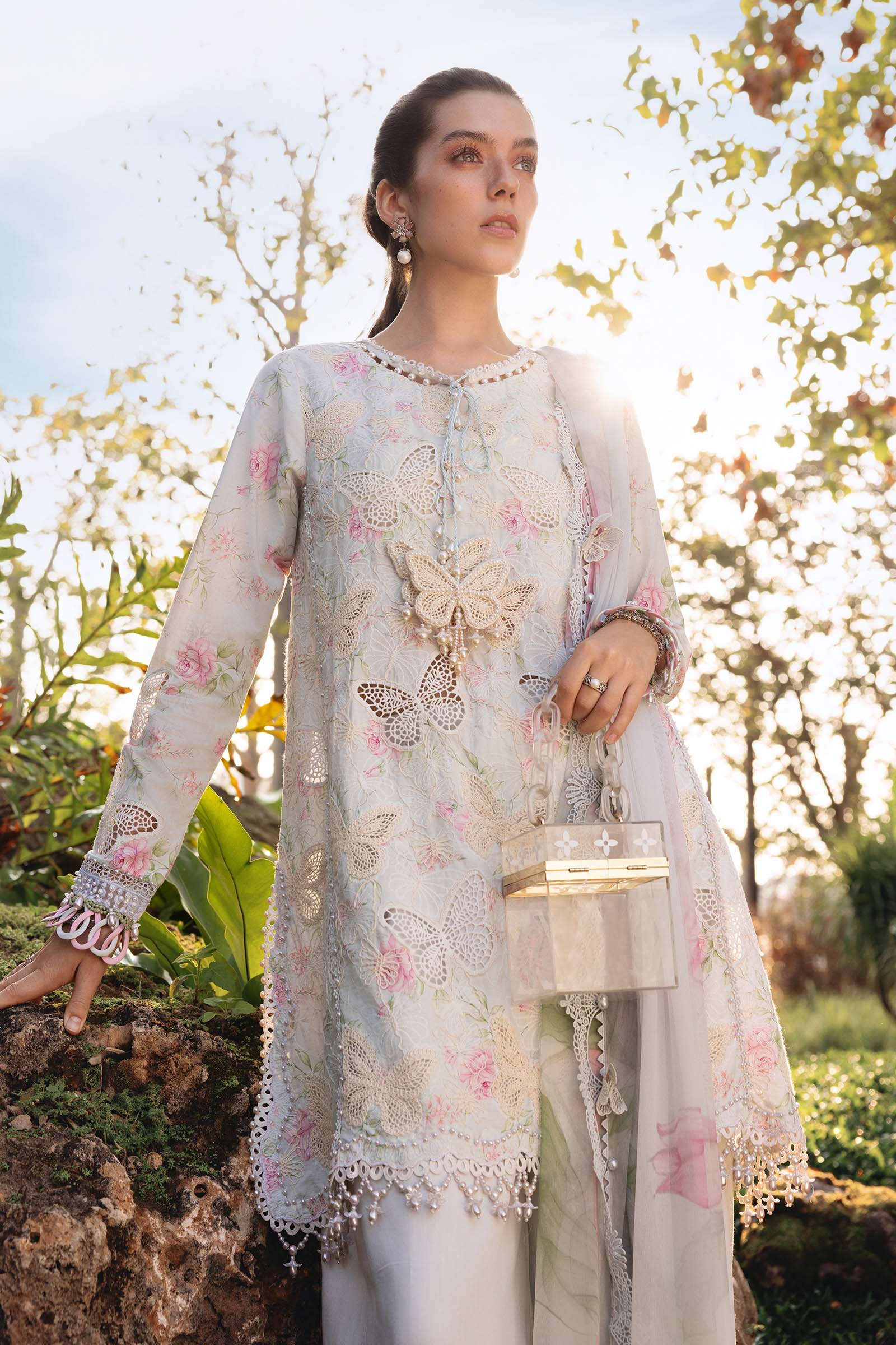 Women Wearing mpt-2901-a Sky Blue Short Shirt with Shalwar for Festive Events - Pakistani Designer Wear for Women in UK | Kifat