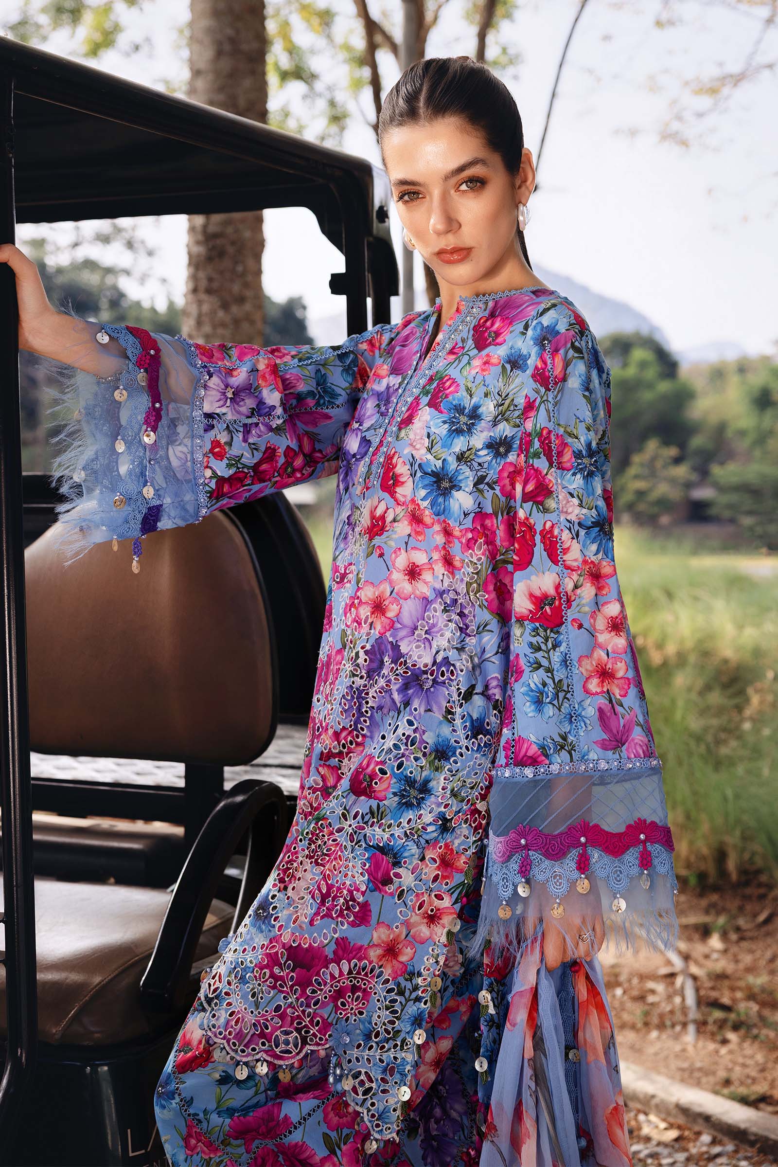 Women Wearing mpt-2902-b Blue Short Shirt with Shalwar for Festive Events - Pakistani Designer Wear for Women in UK | Kifat