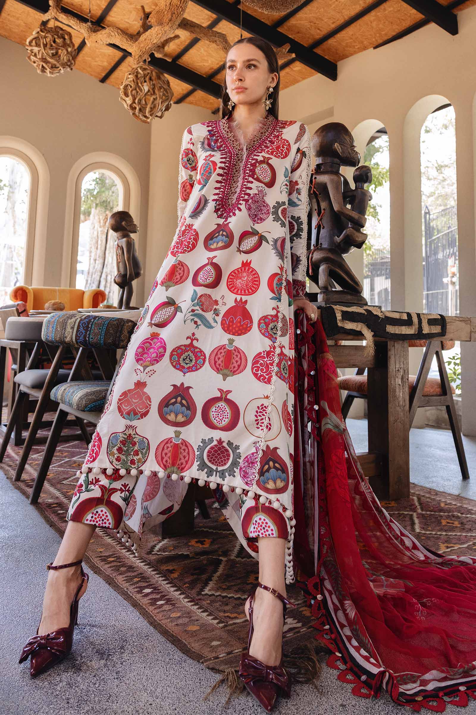 Women Wearing mpt-2903-a Off White A Line Shirt with Pants for Festive Events - Pakistani Designer Wear for Women in UK | Kifat