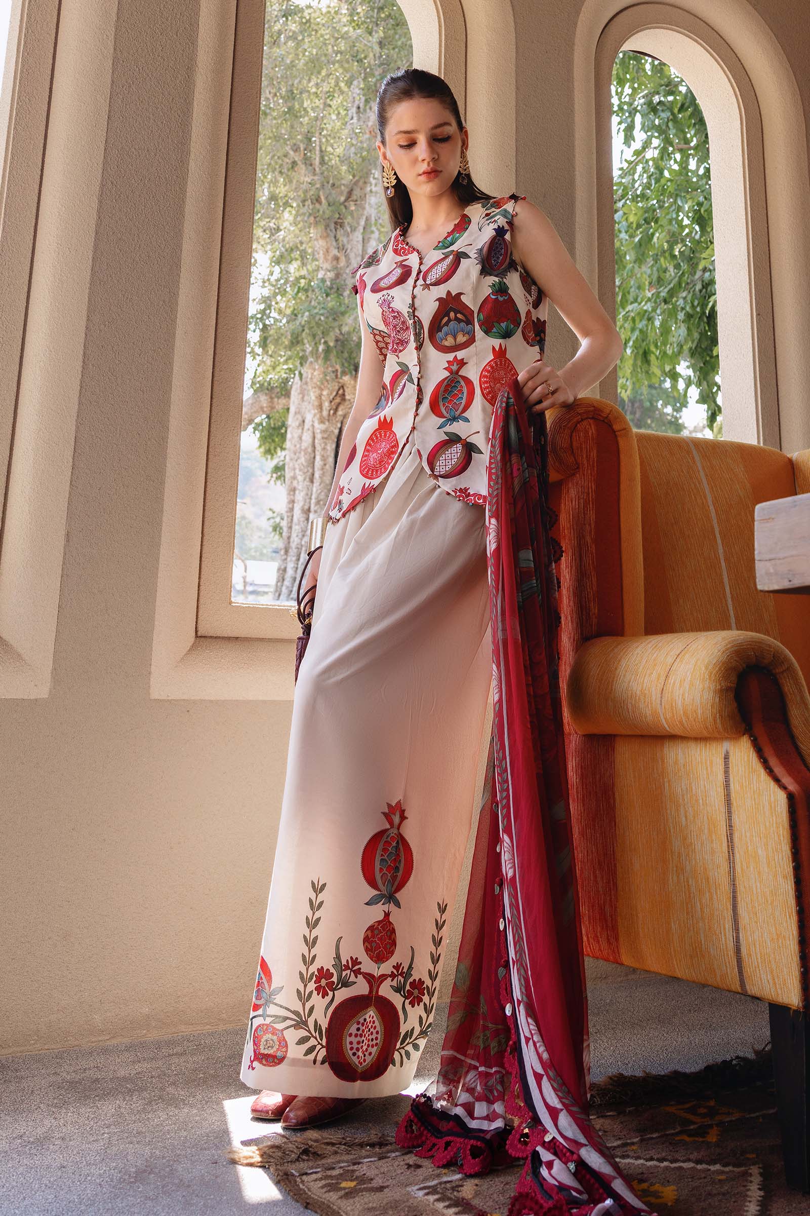 Women Wearing mpt-2903-a Off White A Line Shirt with Pants for Festive Events - Pakistani Designer Wear for Women in UK | Kifat
