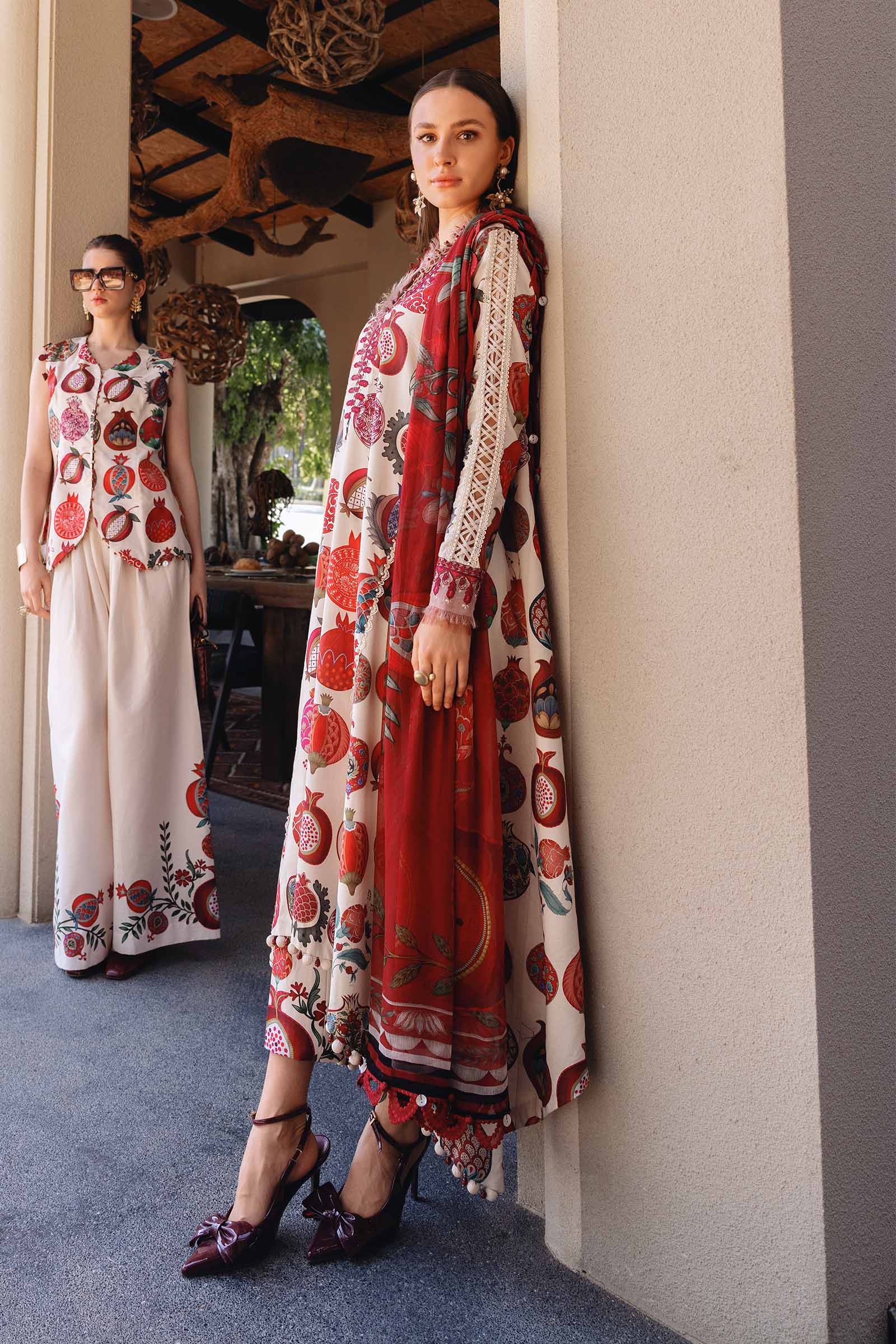 Women Wearing mpt-2903-a Off White A Line Shirt with Pants for Festive Events - Pakistani Designer Wear for Women in UK | Kifat